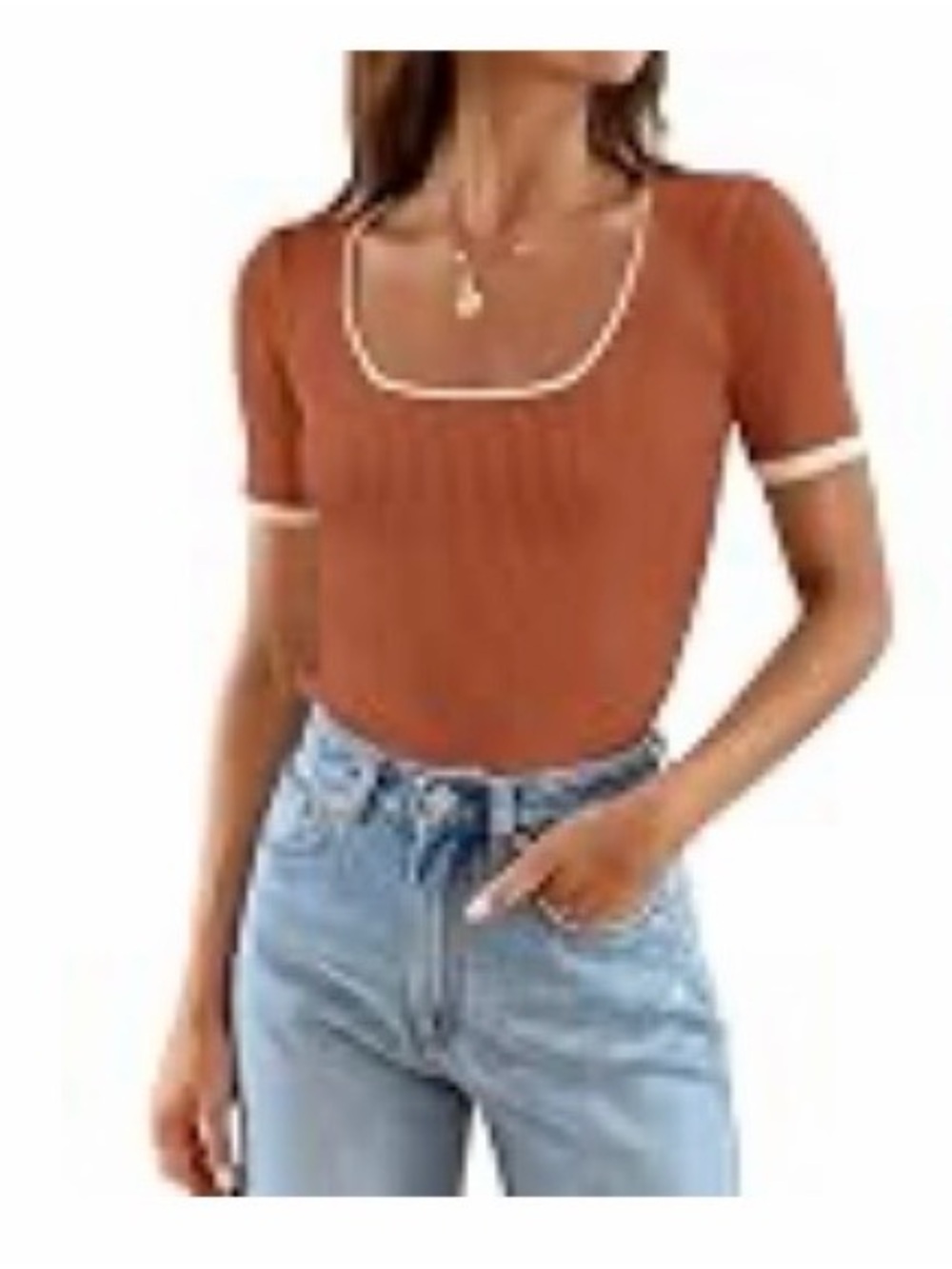Women's Square Neck Short Sleeve Top - Rust with Contrast Trim